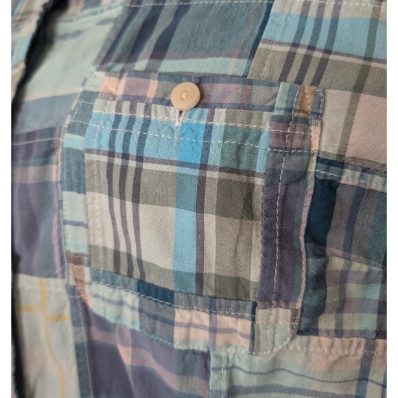 LL Bean Size L Patchwork Madras Plaid Button Down Blouse Cotton Boho Preppy - Picture 5 of 14
